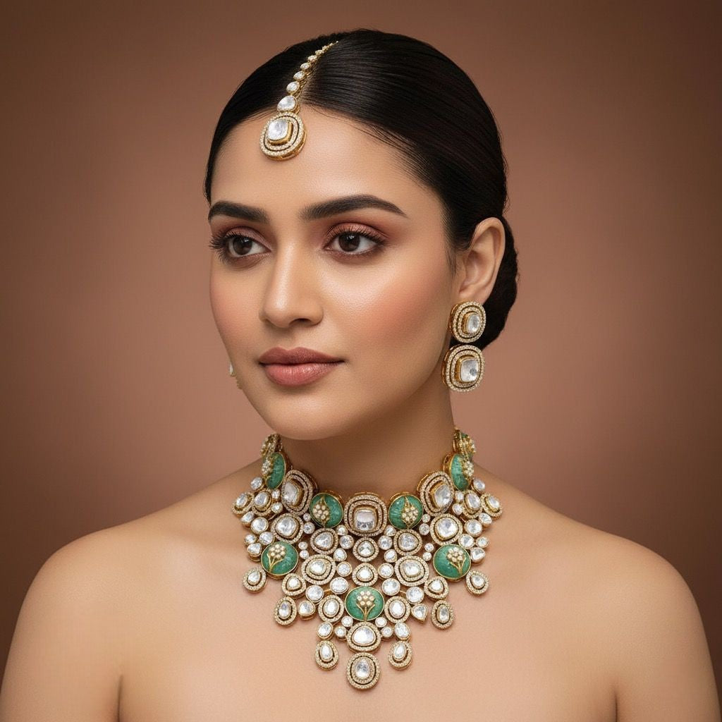 Exquisite Handcrafted Kundan & Polki Necklace Set with Maang Tikka & Earrings – Royal Bridal Grandeur