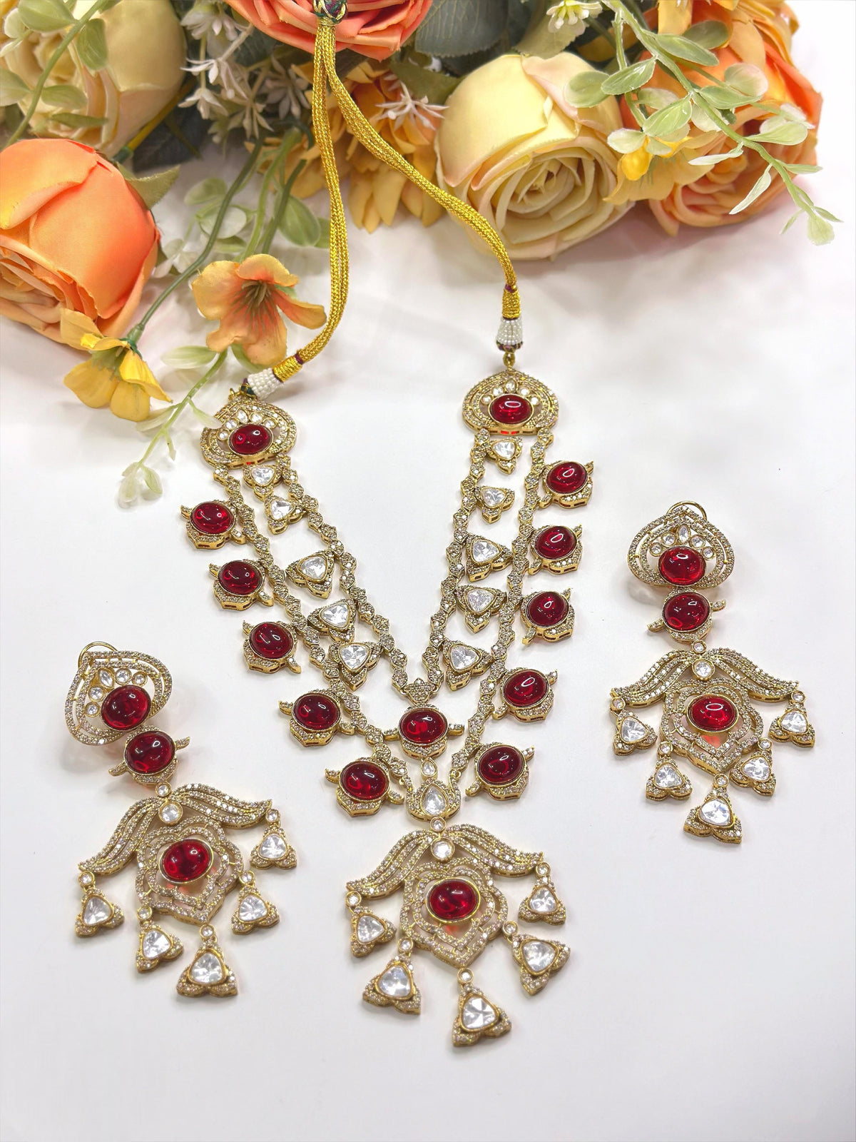Royal Kundan & Ruby Red Stone Long Necklace (Haar) Set with Matching Earrings and Ring