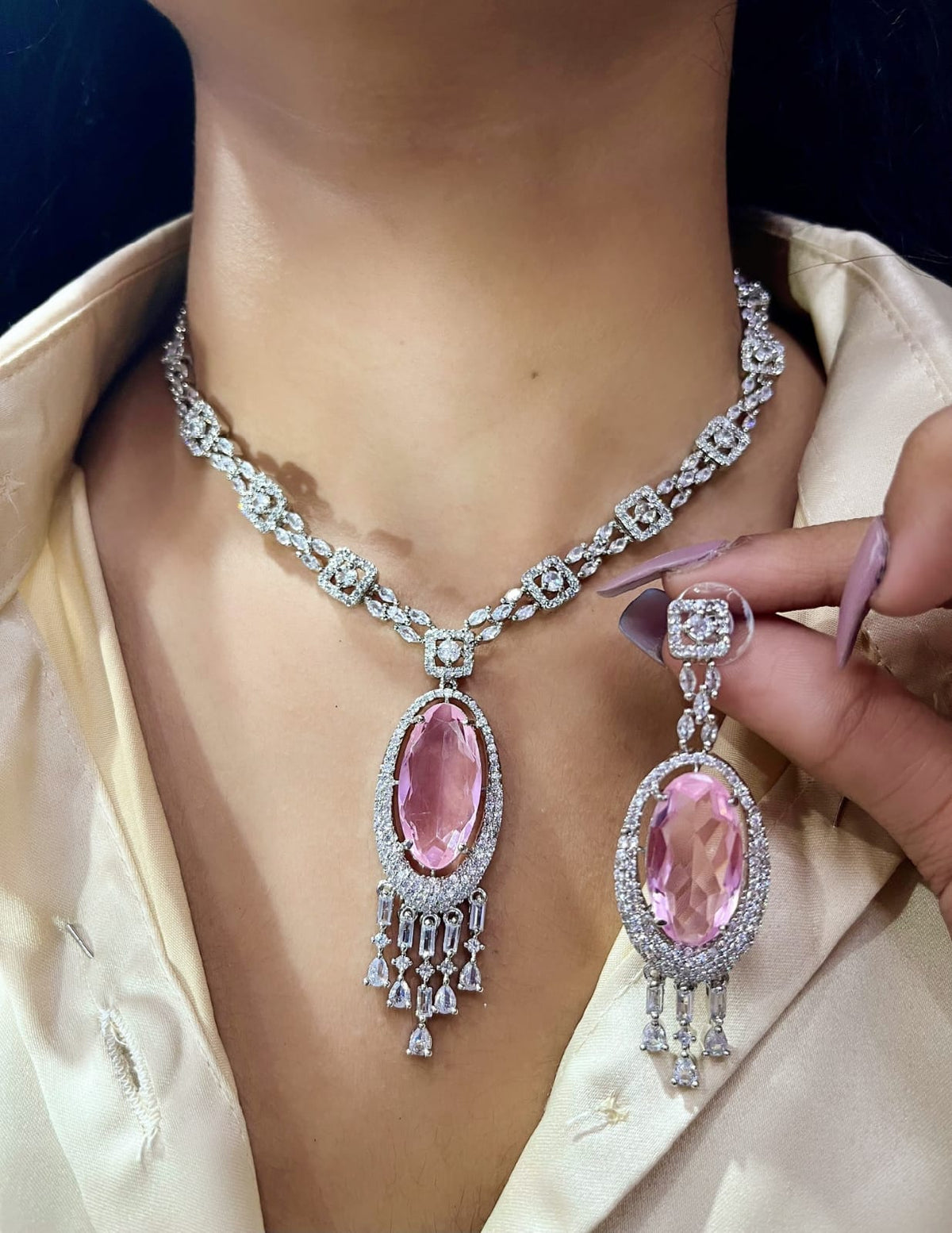 Elegant Pink Gemstone and Diamond Necklace Set