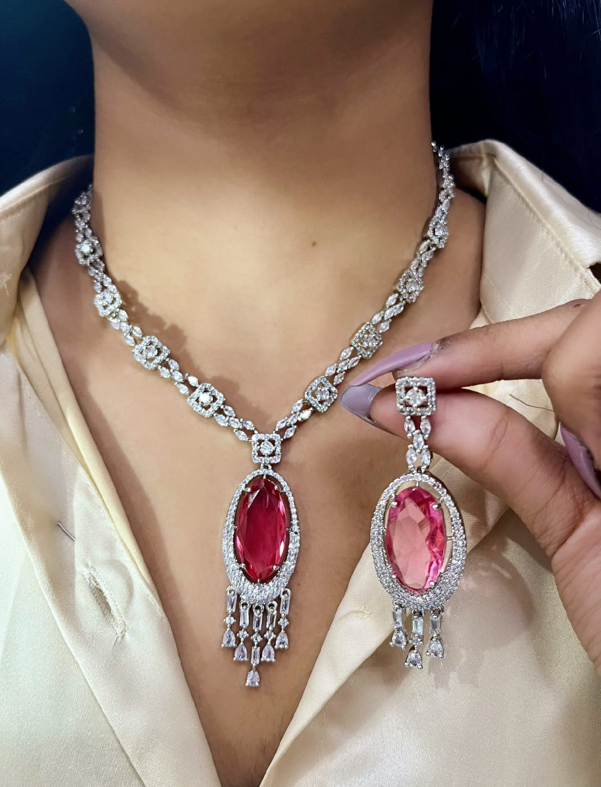 Elegant Pink Gemstone and Diamond Necklace Set