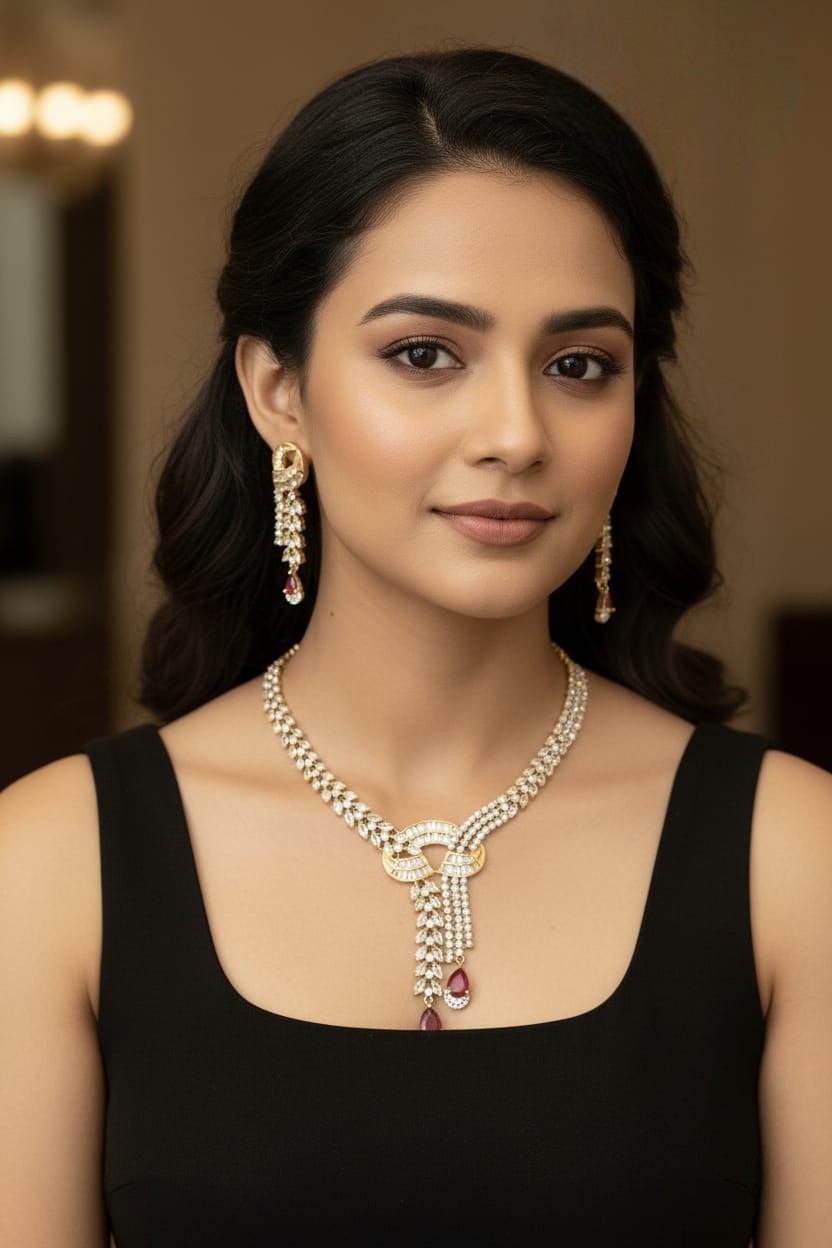 Ruby Drop Gold-Plated Diamond Necklace & Earring Set – Elegant Luxe - Libasaa.com