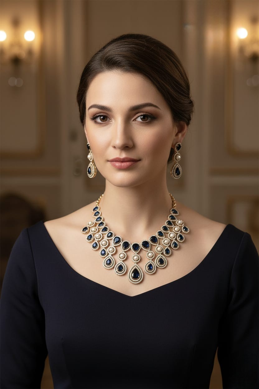 Royal Gold & Pearl Teardrop Necklace Set – Exquisite Bridal Grandeur - Libasaa.com