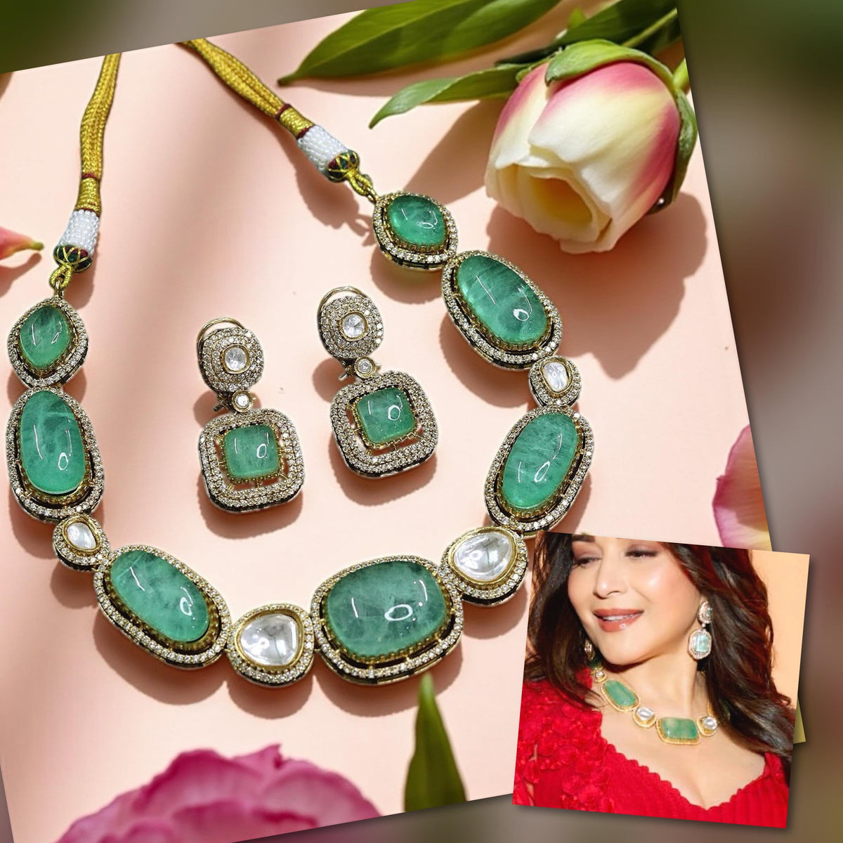 Elegant Green Doublet Stone Necklace Set with CZ Accents Bridal & Festive Jewelry