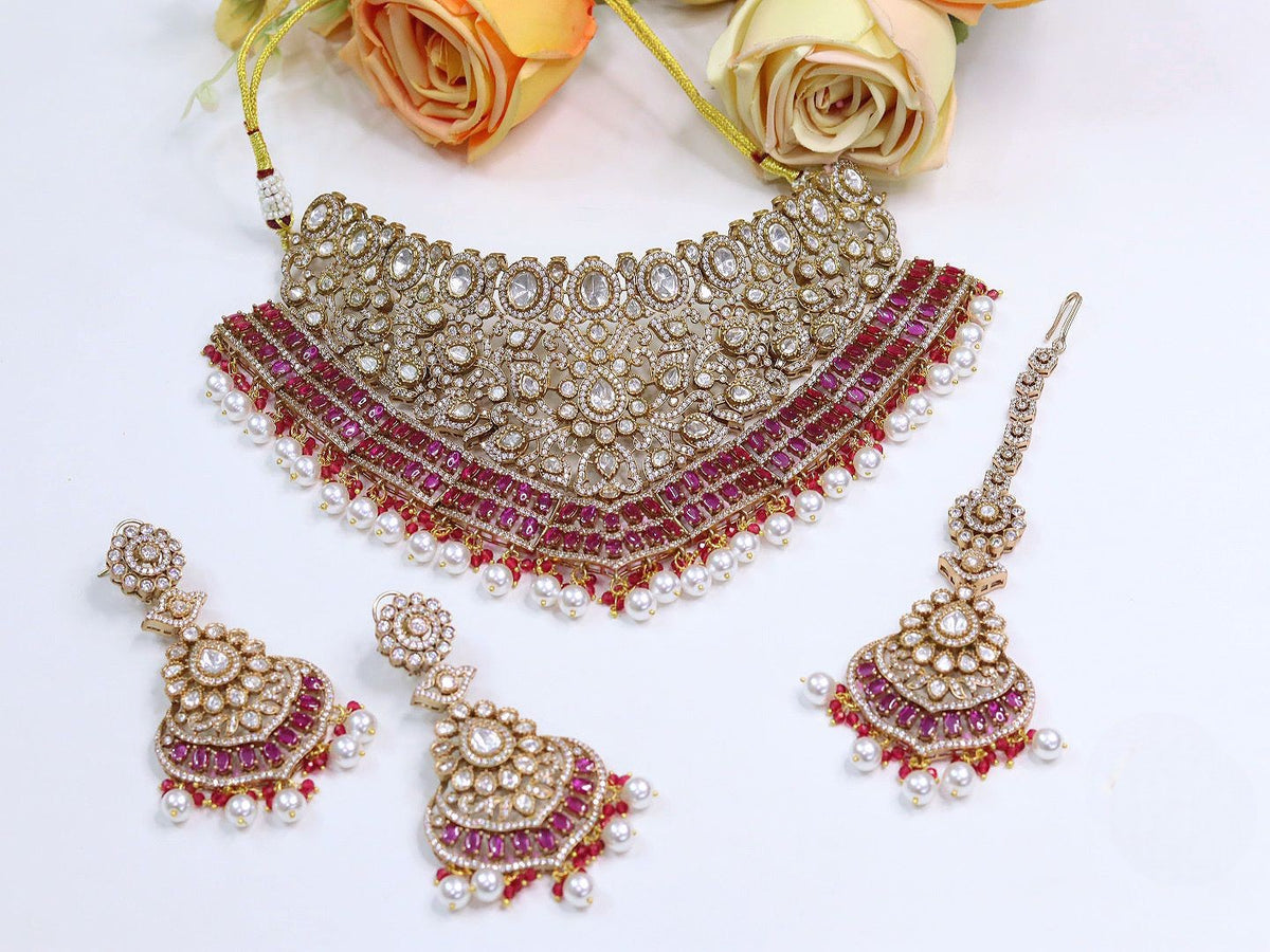 Royal Kundan & Ruby Choker Necklace Set with Pearls - Libasaa.com
