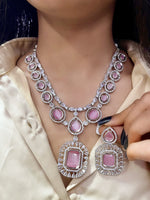 Elegant Dual-Tone Emerald & Pink Stone Necklace Set – Dazzling Diamond Finish - Libasaa.com