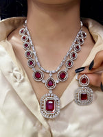 Elegant Dual-Tone Emerald & Pink Stone Necklace Set – Dazzling Diamond Finish - Libasaa.com