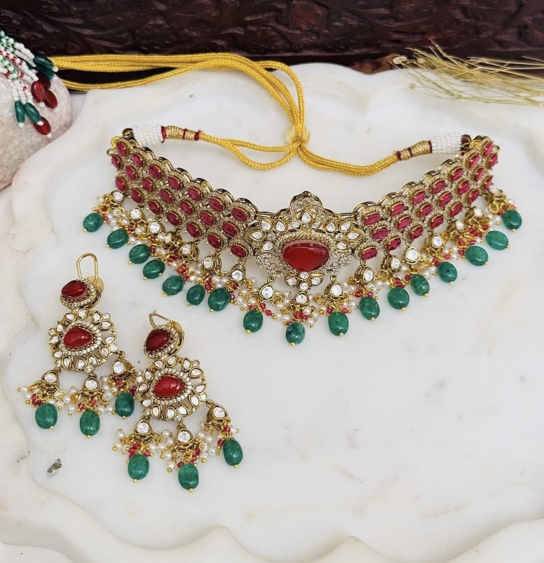 Royal Ruby & Emerald Kundan Choker Necklace Set – Bridal Polki Jewelry for Weddings