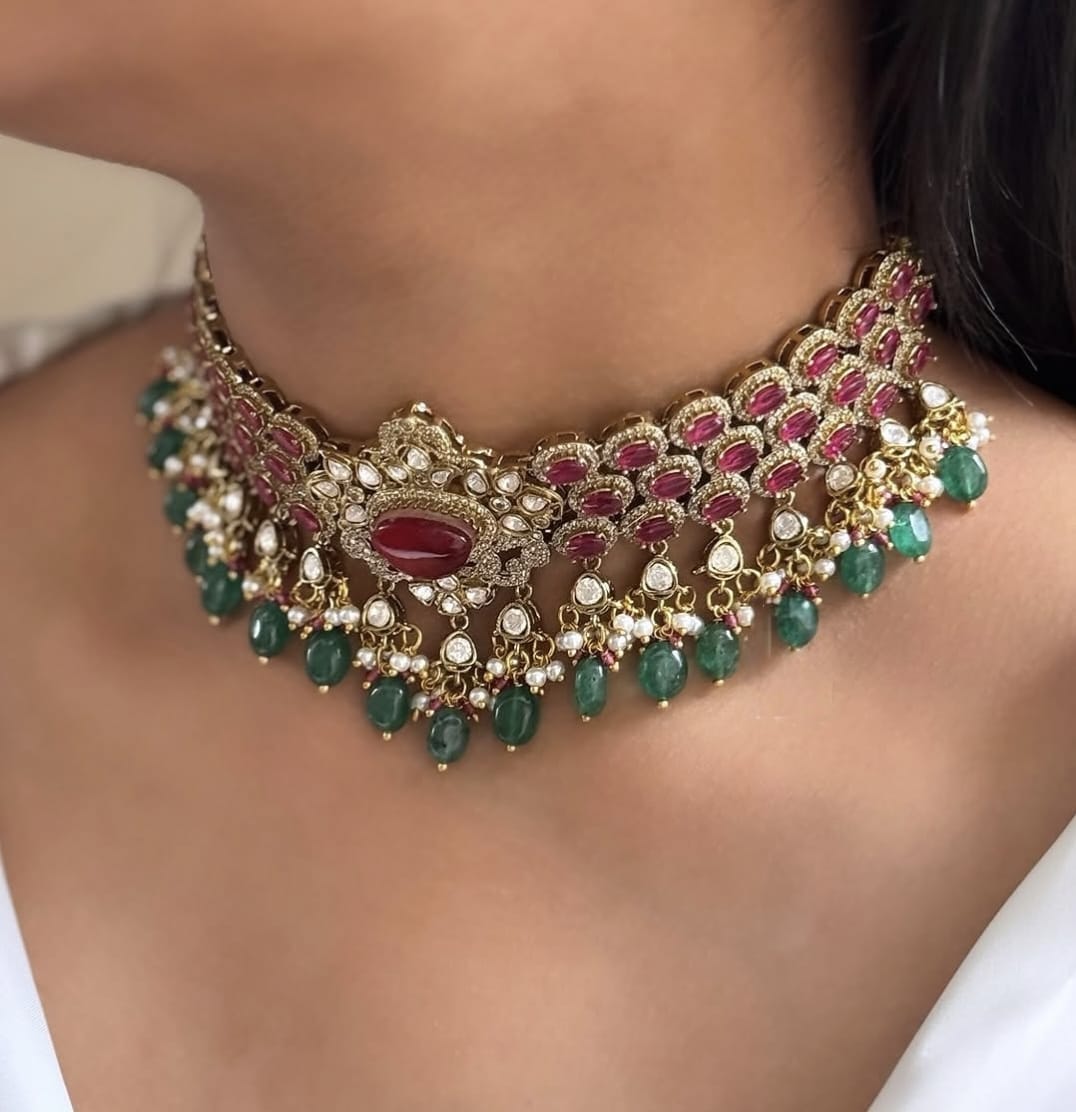 Royal Ruby & Emerald Kundan Choker Necklace Set – Bridal Polki Jewelry for Weddings