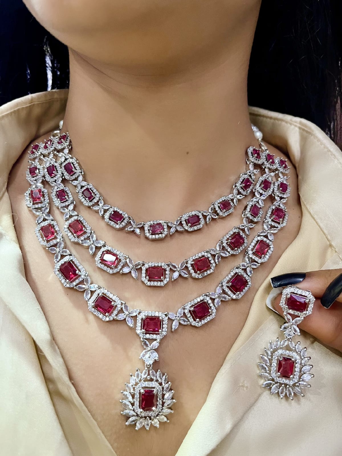 Luxury American Diamond Necklace Set for Brides | Indian Party Wear Wedding Jewellery with Matching Earrings