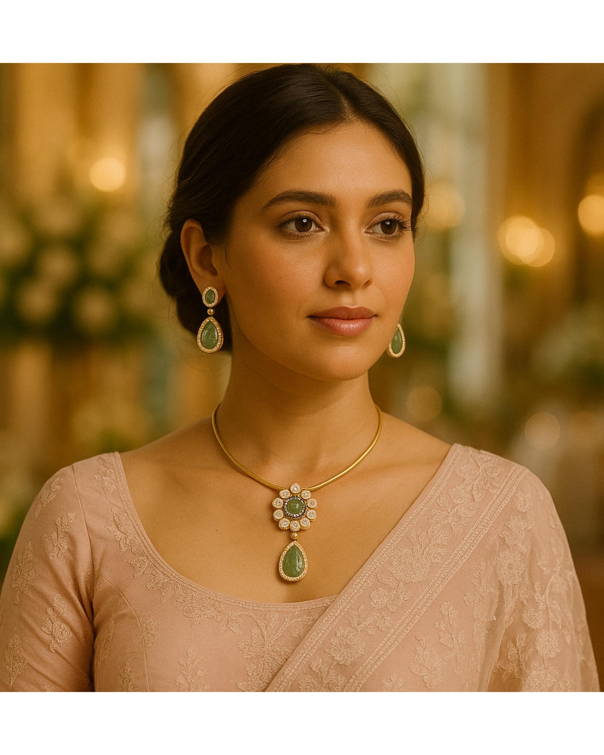 Minimalist Green Stone Necklace & Earring Set – Contemporary Gold-Plated Jewelry