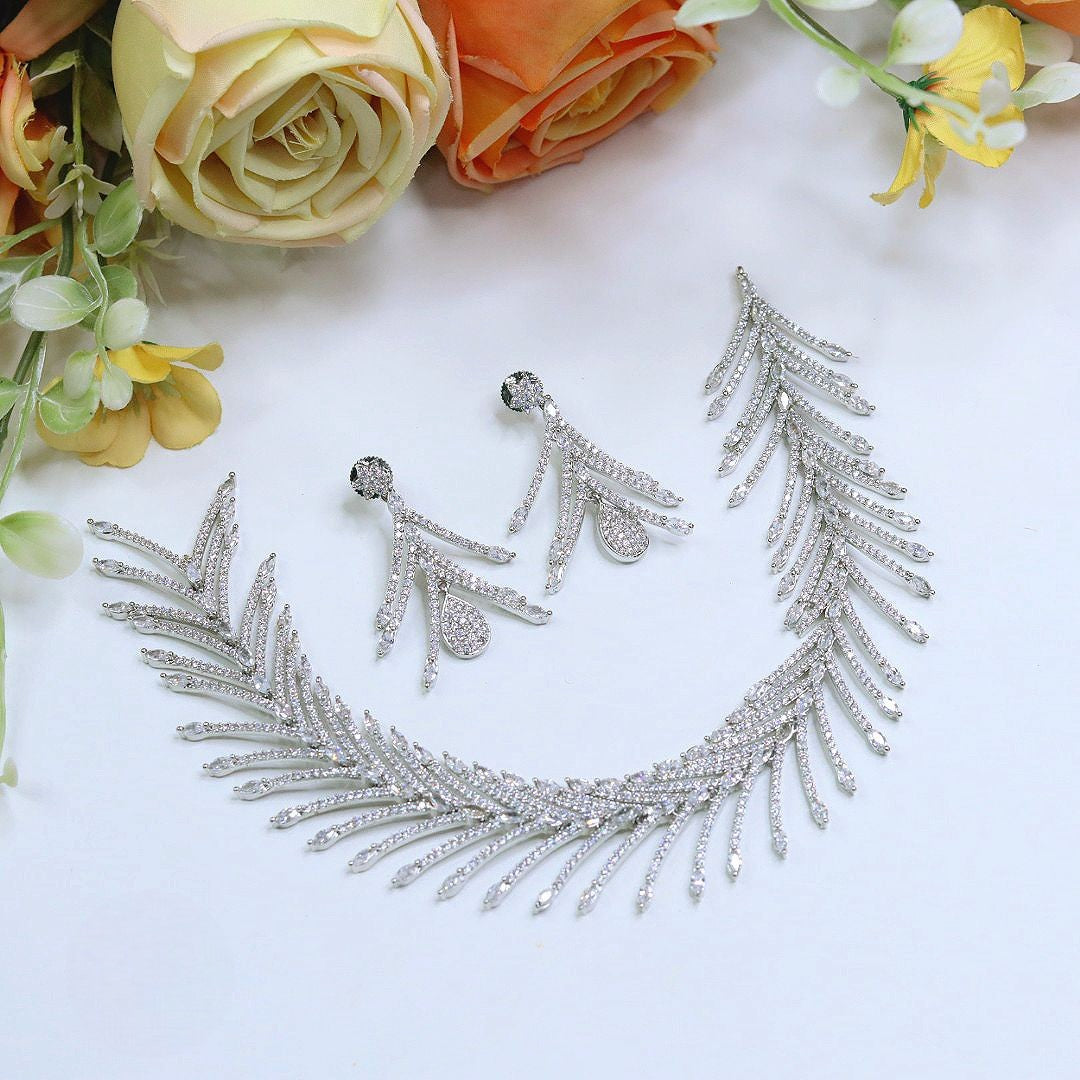 Feather & Diamond-Look Necklace Jewellery Set | American Diamonds Indian Necklace Set with Earrings | Premium Indian Jewellery