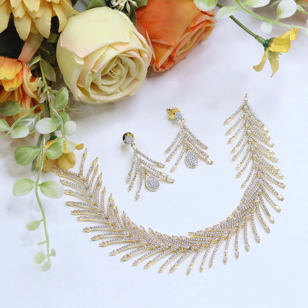 Feather & Diamond-Look Necklace Jewellery Set | American Diamonds Indian Necklace Set with Earrings | Premium Indian Jewellery