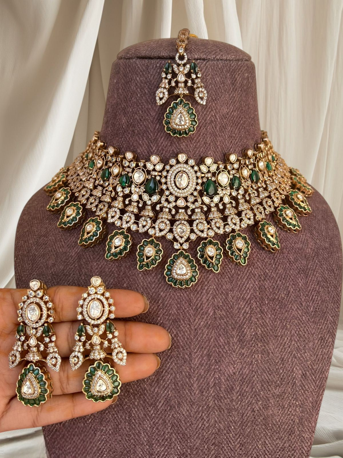 Regal Kundan Bridal Jewellery Set | Indian Jewellery | Kundan Polki Necklace Set | Polki Choker with Earrings & Maang Tikka
