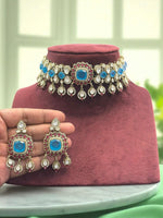 Regal Blue Stone Kundan Choker Necklace & Earring Set Traditional Bridal Jewelry