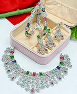 Bridal Premium Silver CZ Jewellery Set | Stone Jewellery Indian Necklace Set with Maang Tikka, Earrings & Kada | Complete Bridal Indian Jewellery Set