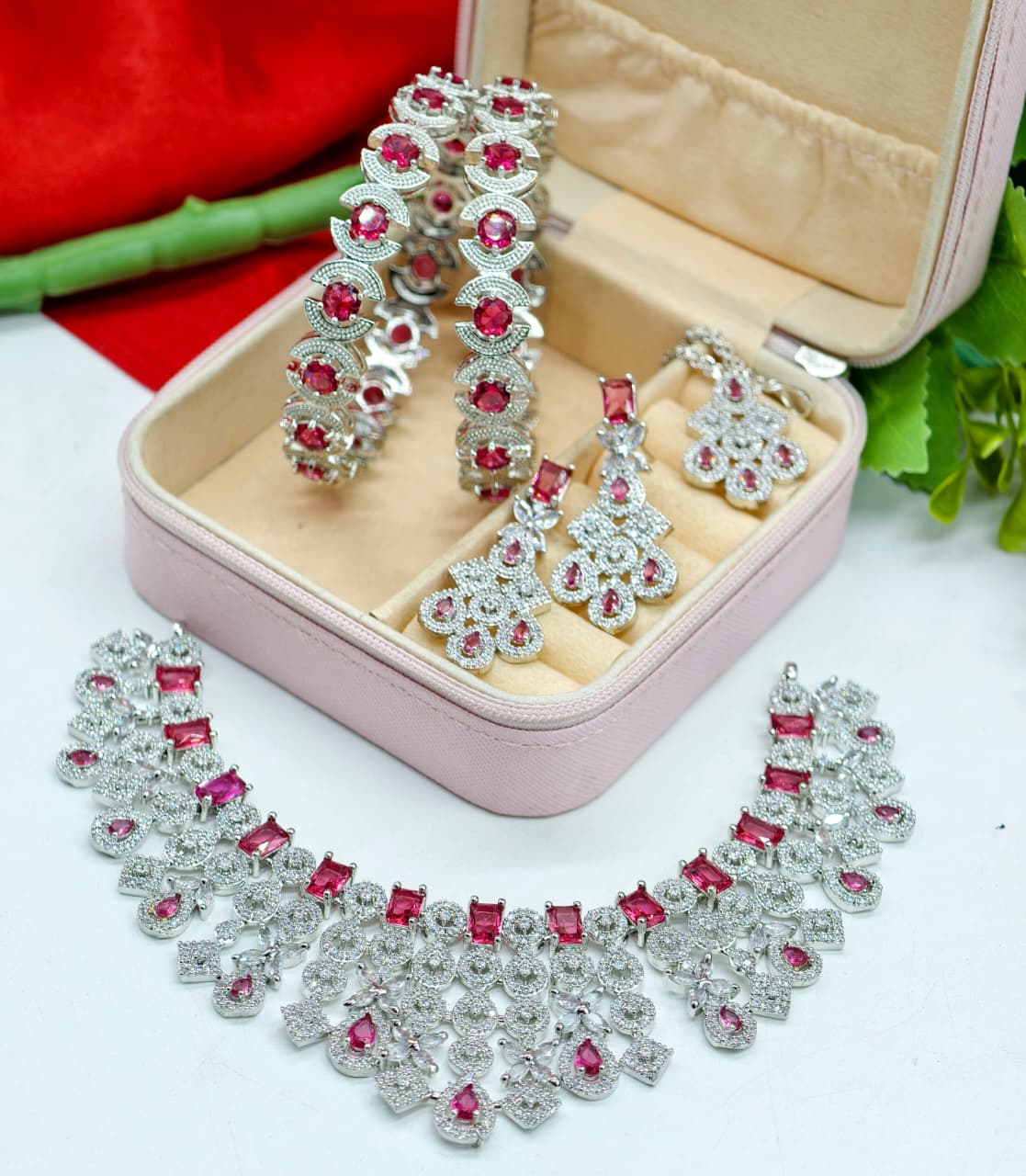 Bridal Premium Silver CZ Jewellery Set | Stone Jewellery Indian Necklace Set with Maang Tikka, Earrings & Kada | Complete Bridal Indian Jewellery Set