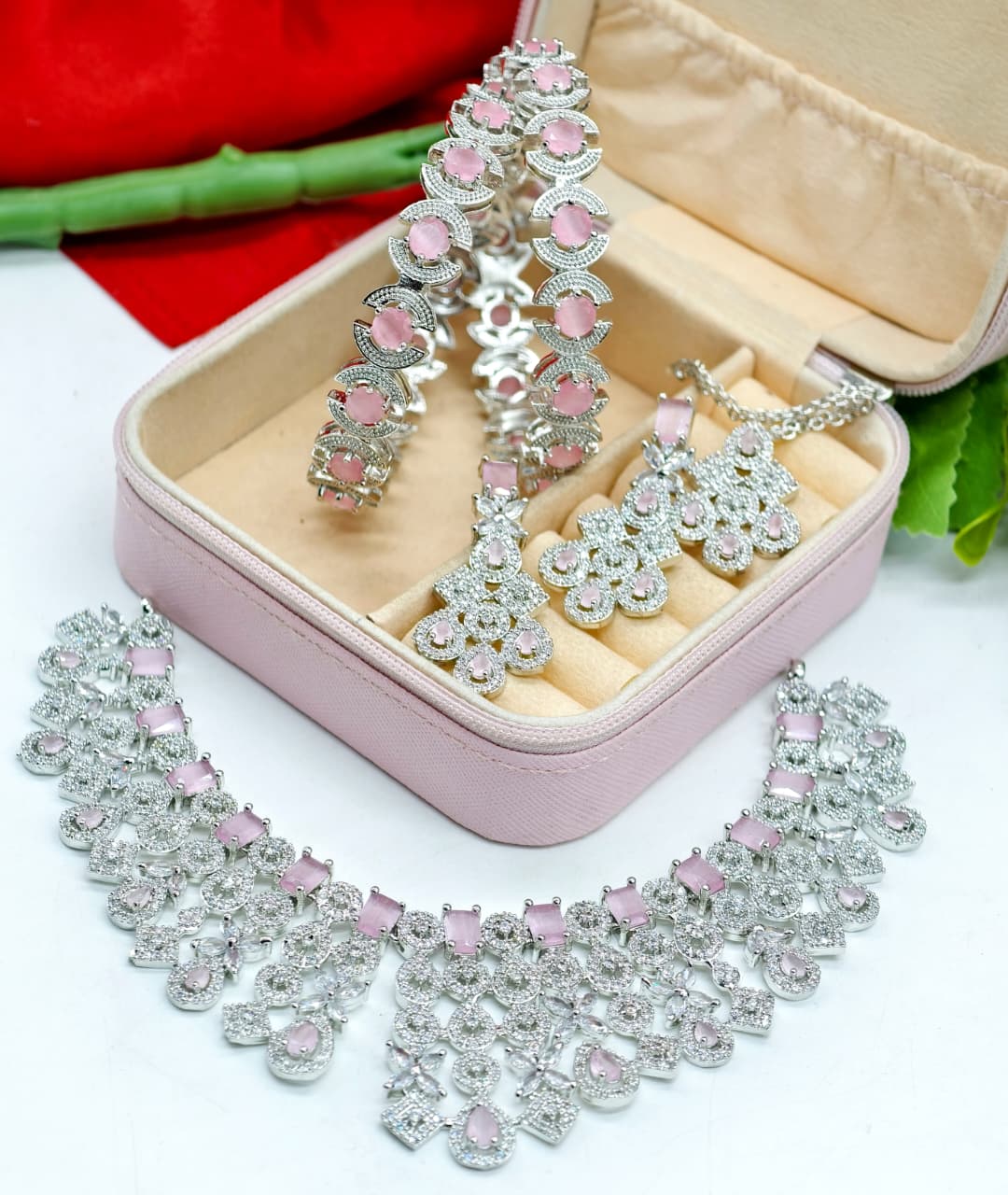 Bridal Premium Silver CZ Jewellery Set | Stone Jewellery Indian Necklace Set with Maang Tikka, Earrings & Kada | Complete Bridal Indian Jewellery Set