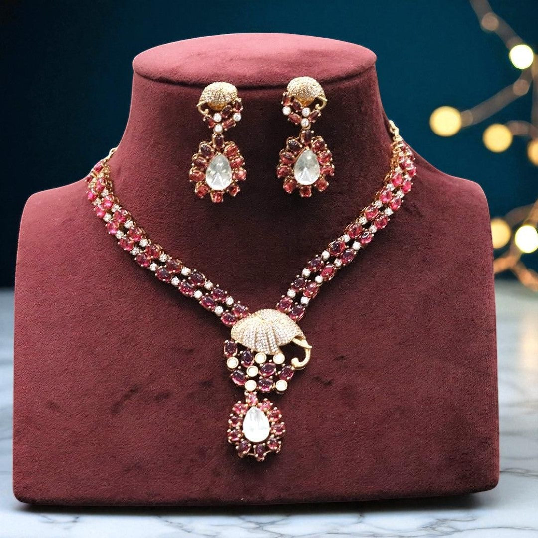 Royal Blue Stone AD Necklace & Earring Set with Umbrella Motif – Designer Statement Jewelry