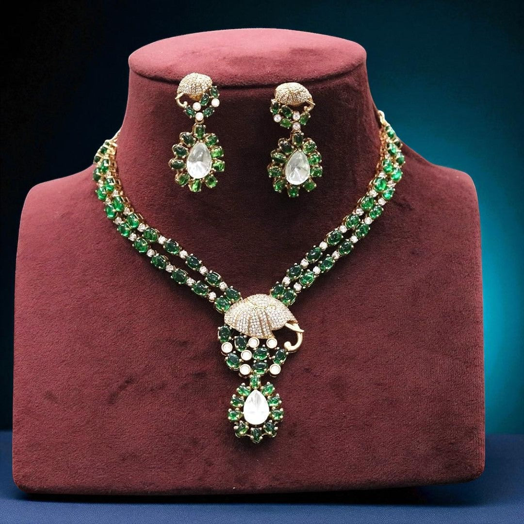 Royal Blue Stone AD Necklace & Earring Set with Umbrella Motif – Designer Statement Jewelry