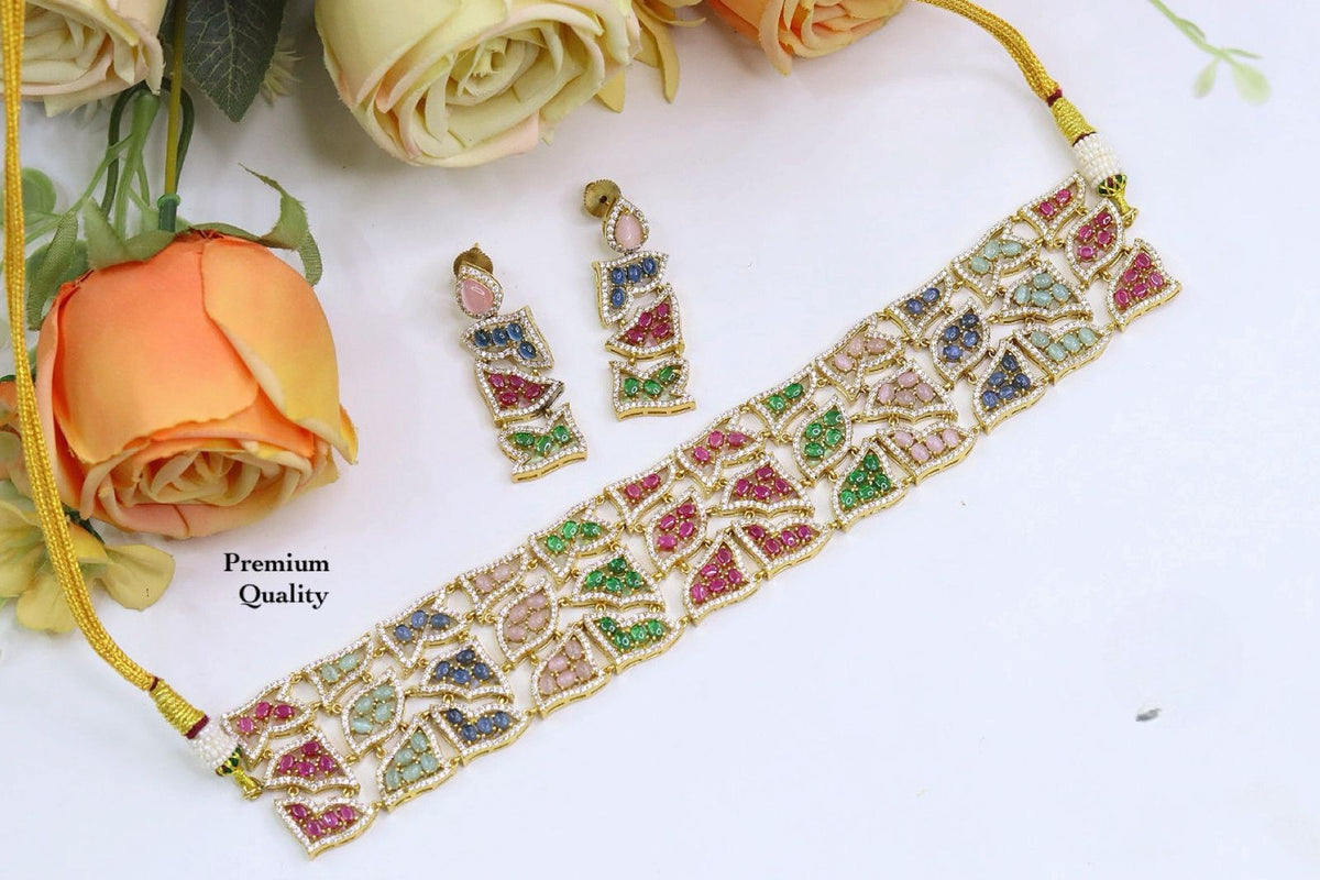 Bridal Premium Ruby Stone Choker Set with Matching Earrings | Indian Jewellery | Stone Jewellery Indian Necklace Set