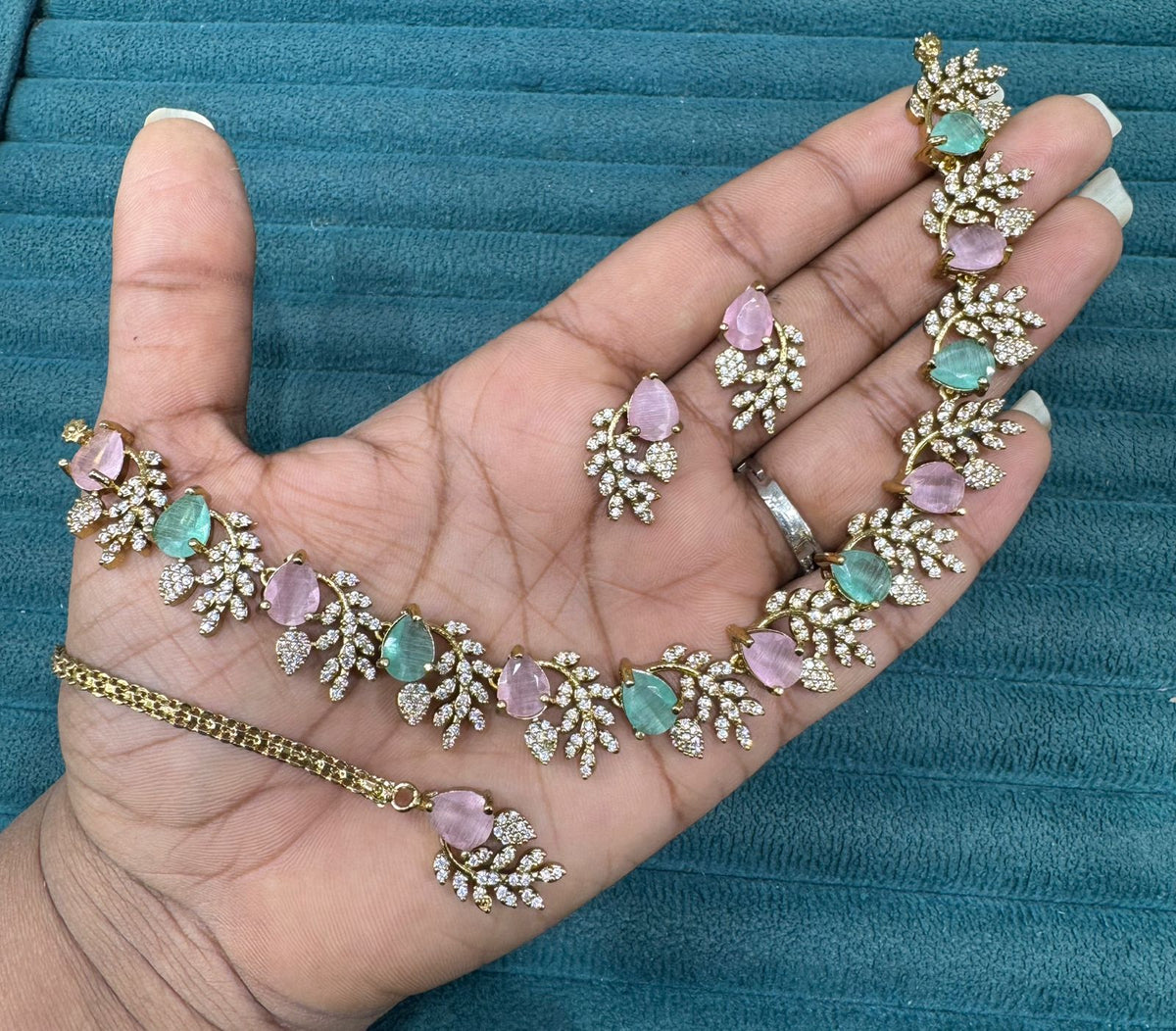 Multicolor Stone Diamond Necklace Set with Matching Earrings & Maangtika | Premium Indian Jewellery | Diamond Jewellery | Indian Necklace Set