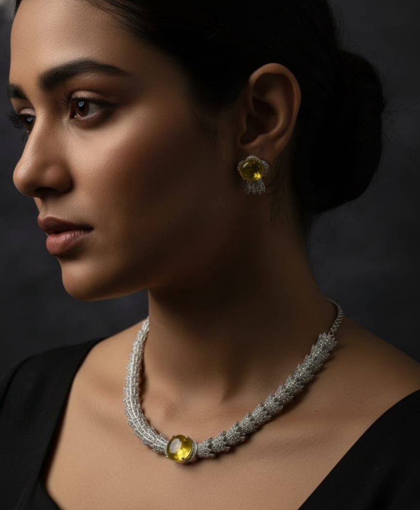 Elegant Yellow Stone Necklace Set with Stud Earrings | Diamond-Style Contemporary Jewellery | Indian Jewellery Stone Necklace Set