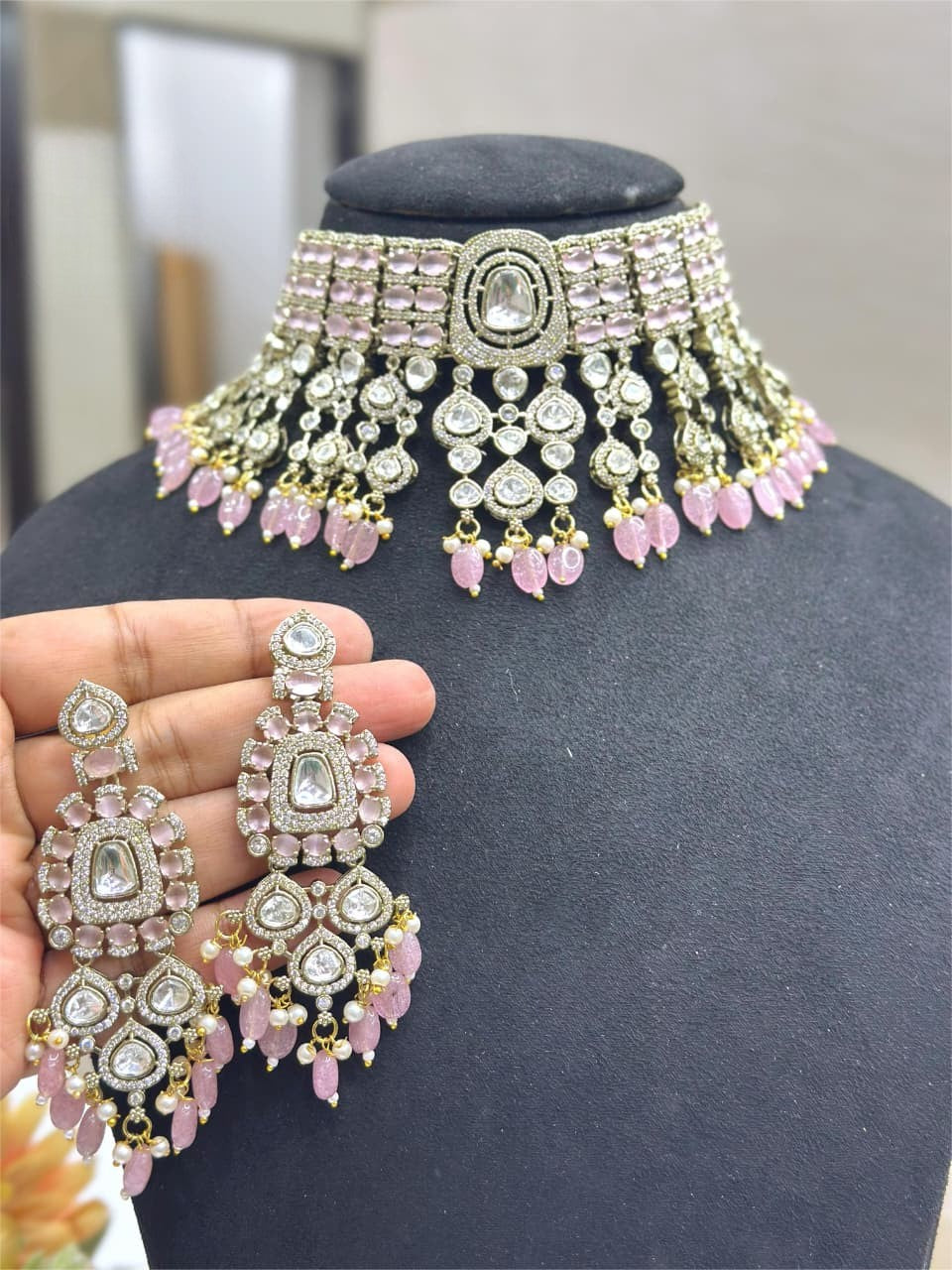 Zara Kundan Choker Necklace Set with Earrings – Bridal Polki Jewelry for Weddings & Festive Wear