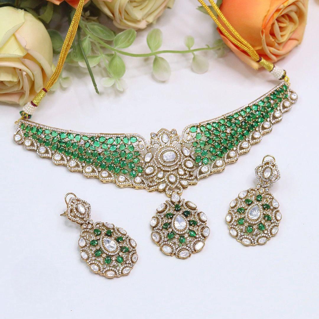 Azza Stone Kundan Bridal Necklace Set with Earrings | Indian Jewellery Wedding Necklace Set | Traditional Stone Jewellery Indian Necklace Set