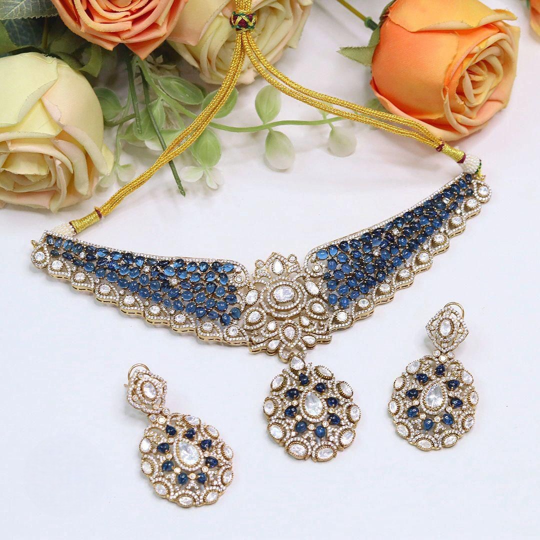 Azza Stone Kundan Bridal Necklace Set with Earrings | Indian Jewellery Wedding Necklace Set | Traditional Stone Jewellery Indian Necklace Set