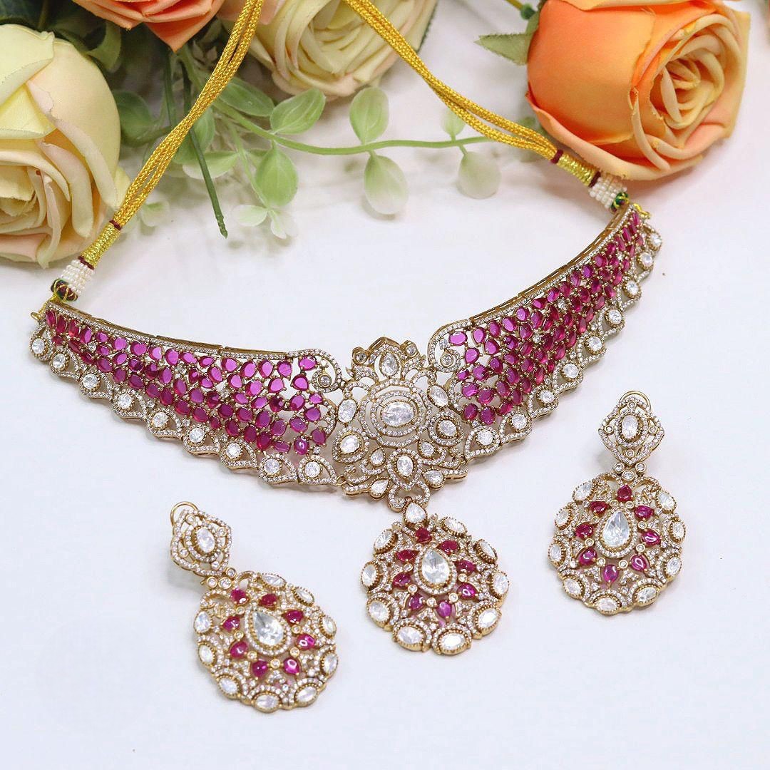 Azza Stone Kundan Bridal Necklace Set with Earrings | Indian Jewellery Wedding Necklace Set | Traditional Stone Jewellery Indian Necklace Set