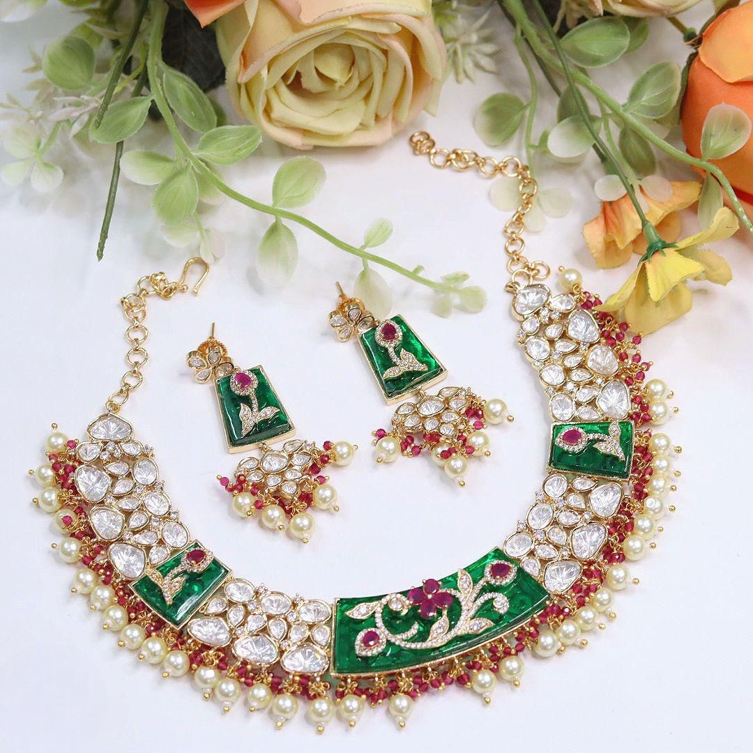 Moissanite Kundan Necklace Set with Earrings | Indian Jewellery Kundan Enamel Pearl Gold-Toned Finish Traditional Necklace Set