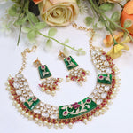 Moissanite Kundan Necklace Set with Earrings | Indian Jewellery Kundan Enamel Pearl Gold-Toned Finish Traditional Necklace Set