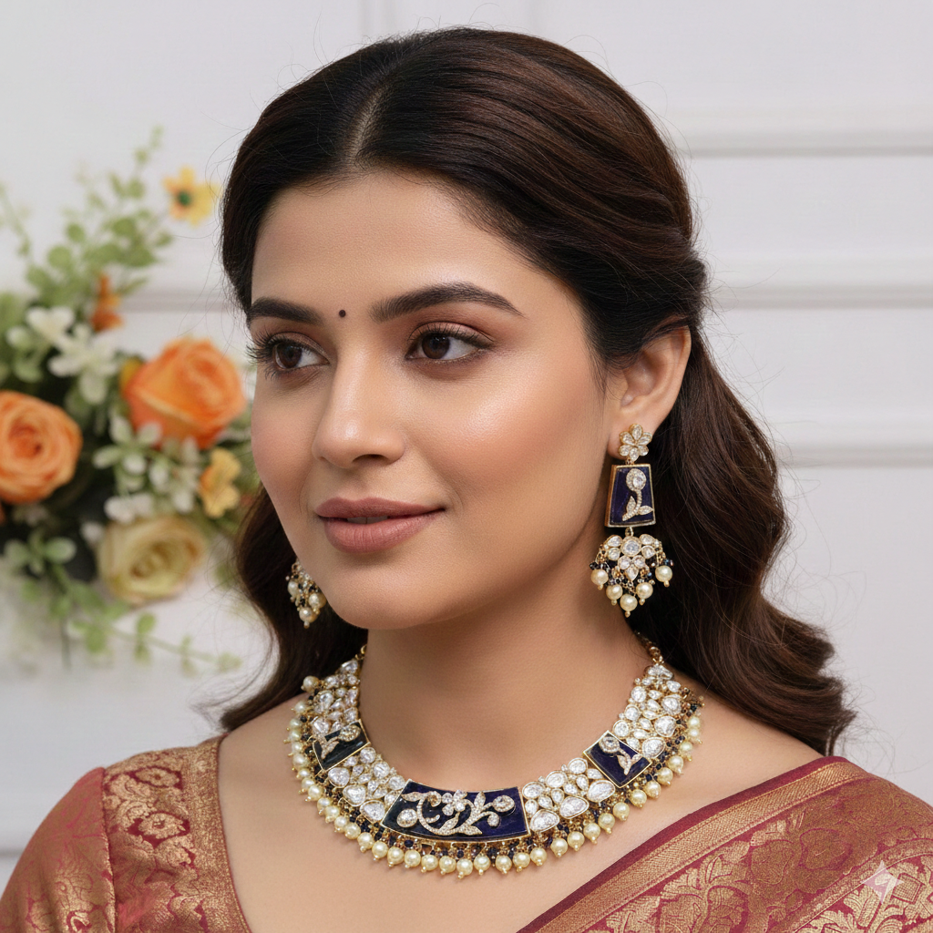 Moissanite Kundan Necklace Set with Earrings | Indian Jewellery Kundan Enamel Pearl Gold-Toned Finish Traditional Necklace Set