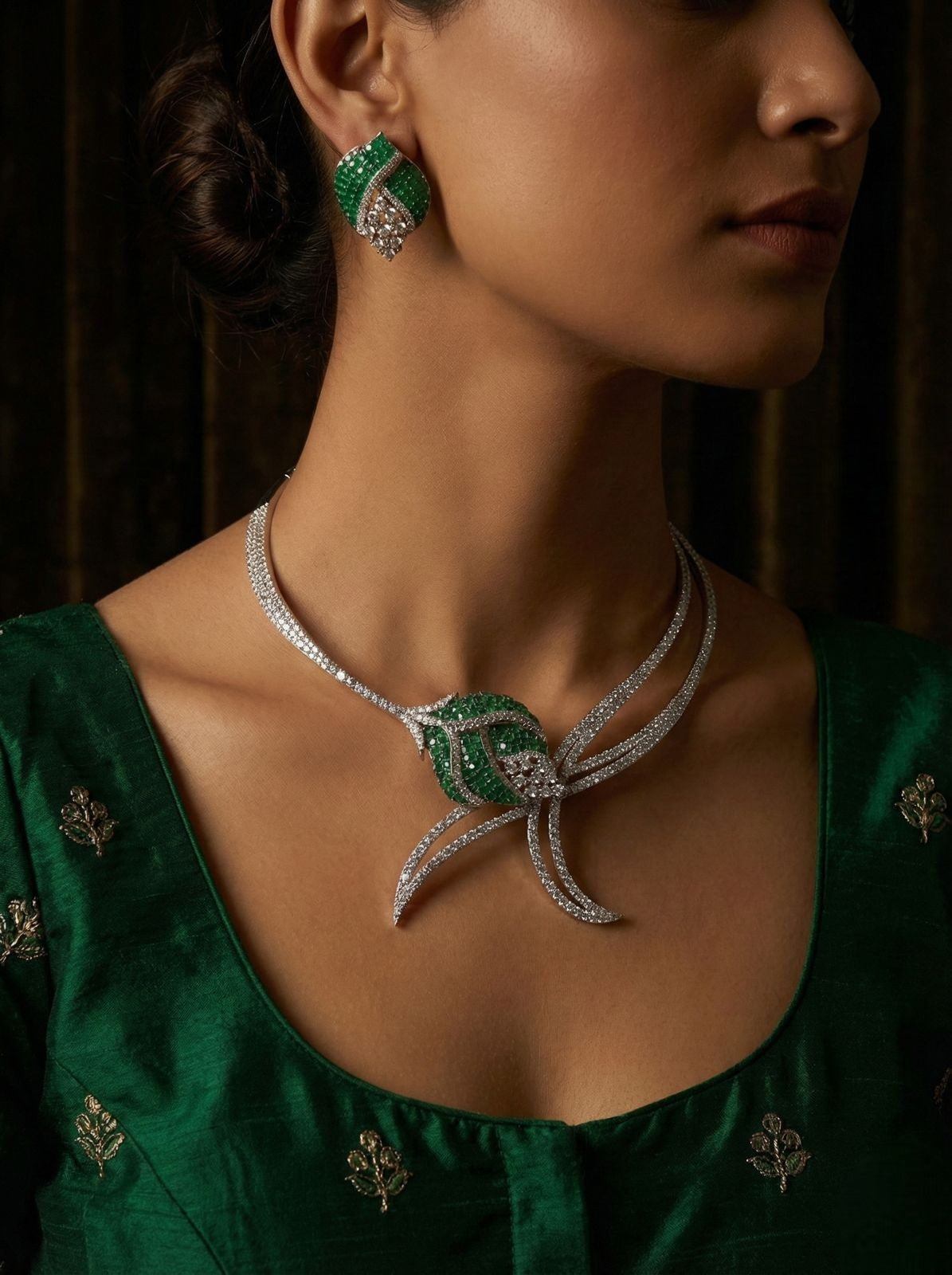 Green Stone American Diamond Necklace Set with Earrings | Indian Jewellery Silver-Tone Bridal Necklace Set | Party Wear Indian Necklace Set