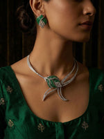 Green Stone American Diamond Necklace Set with Earrings | Indian Jewellery Silver-Tone Bridal Necklace Set | Party Wear Indian Necklace Set