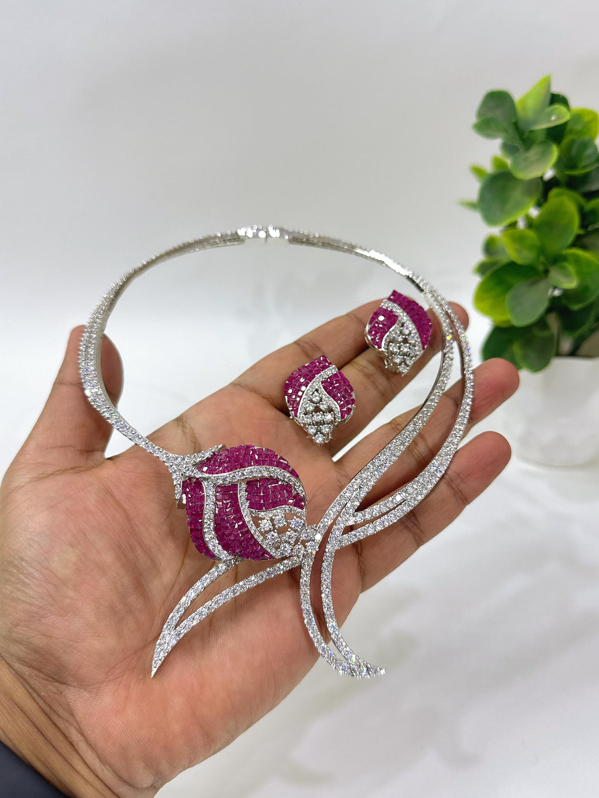 Green Stone American Diamond Necklace Set with Earrings | Indian Jewellery Silver-Tone Bridal Necklace Set | Party Wear Indian Necklace Set