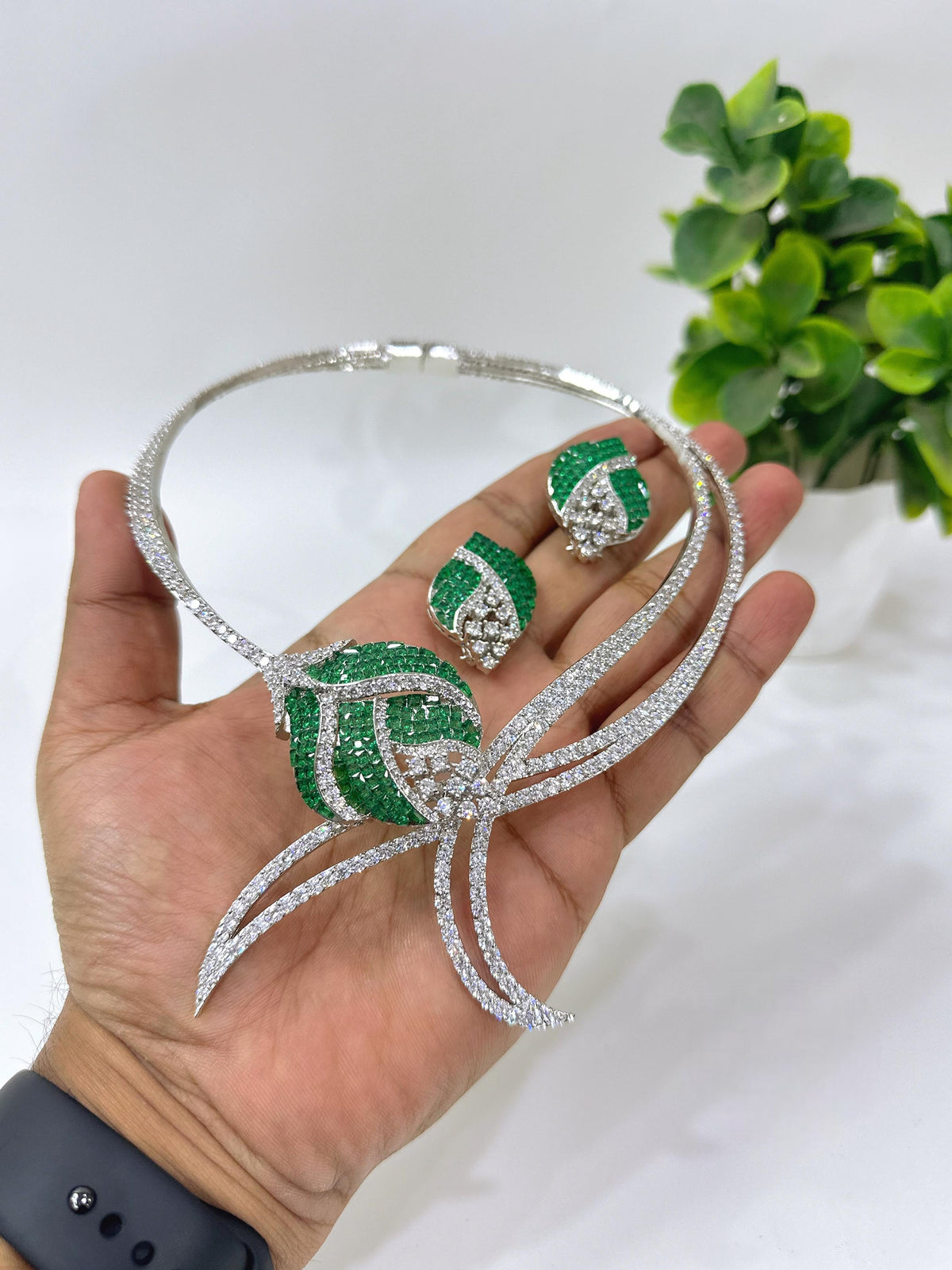 Green Stone American Diamond Necklace Set with Earrings | Indian Jewellery Silver-Tone Bridal Necklace Set | Party Wear Indian Necklace Set