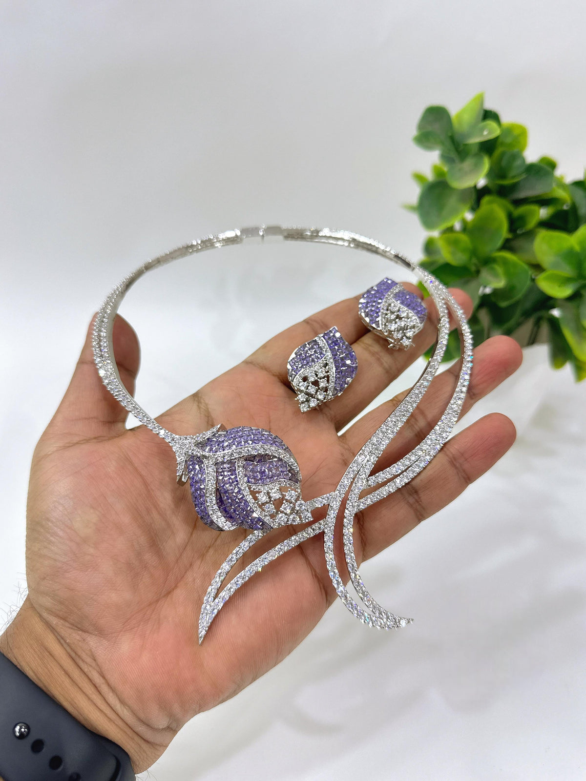 Green Stone American Diamond Necklace Set with Earrings | Indian Jewellery Silver-Tone Bridal Necklace Set | Party Wear Indian Necklace Set