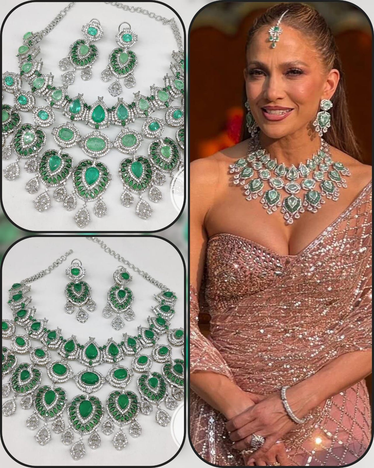 Celebrity Inspired Emerald Green Kundan Bridal Jewellery Set with Earrings & Maang Tikka | Luxury Indian Bridal Necklace Set