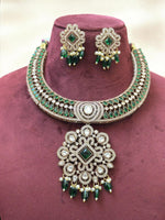 Antique Silver Choker Necklace Set with Mint Green Beads & CZ Detailing