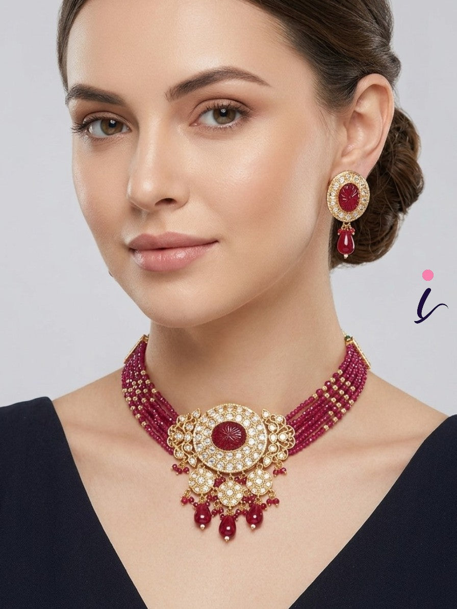 Pink Beaded Kundan Choker Necklace Set with Earrings for Women | Gold Plated Bridal Jewellery | Traditional Indian Wedding & Party Wear