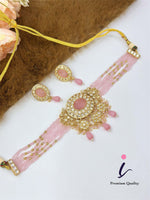 Pink Beaded Kundan Choker Necklace Set with Earrings for Women | Gold Plated Bridal Jewellery | Traditional Indian Wedding & Party Wear