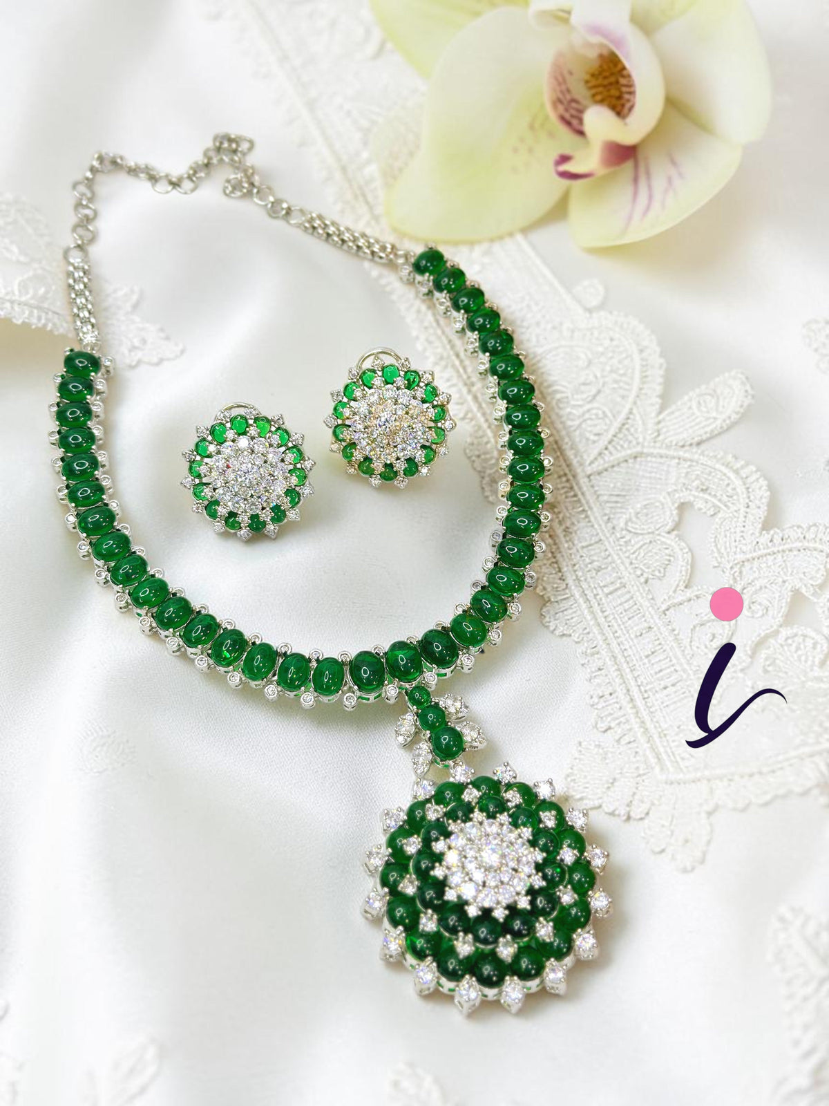 Emerald Green CZ Necklace Set with Stud Earrings for Women | Silver Plated Designer Bridal Jewellery | Indian Wedding & Party Wear