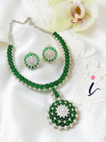 Emerald Green CZ Necklace Set with Stud Earrings for Women | Silver Plated Designer Bridal Jewellery | Indian Wedding & Party Wear