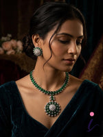 Emerald Green CZ Necklace Set with Stud Earrings for Women | Silver Plated Designer Bridal Jewellery | Indian Wedding & Party Wear