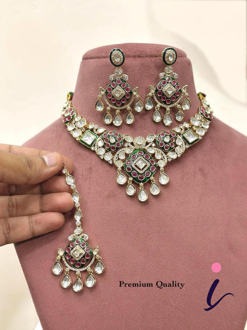 Traditional Kundan Bridal Choker Necklace Set with Earrings & Maang Tikka | Green Ruby Stone Indian Wedding Jewelry