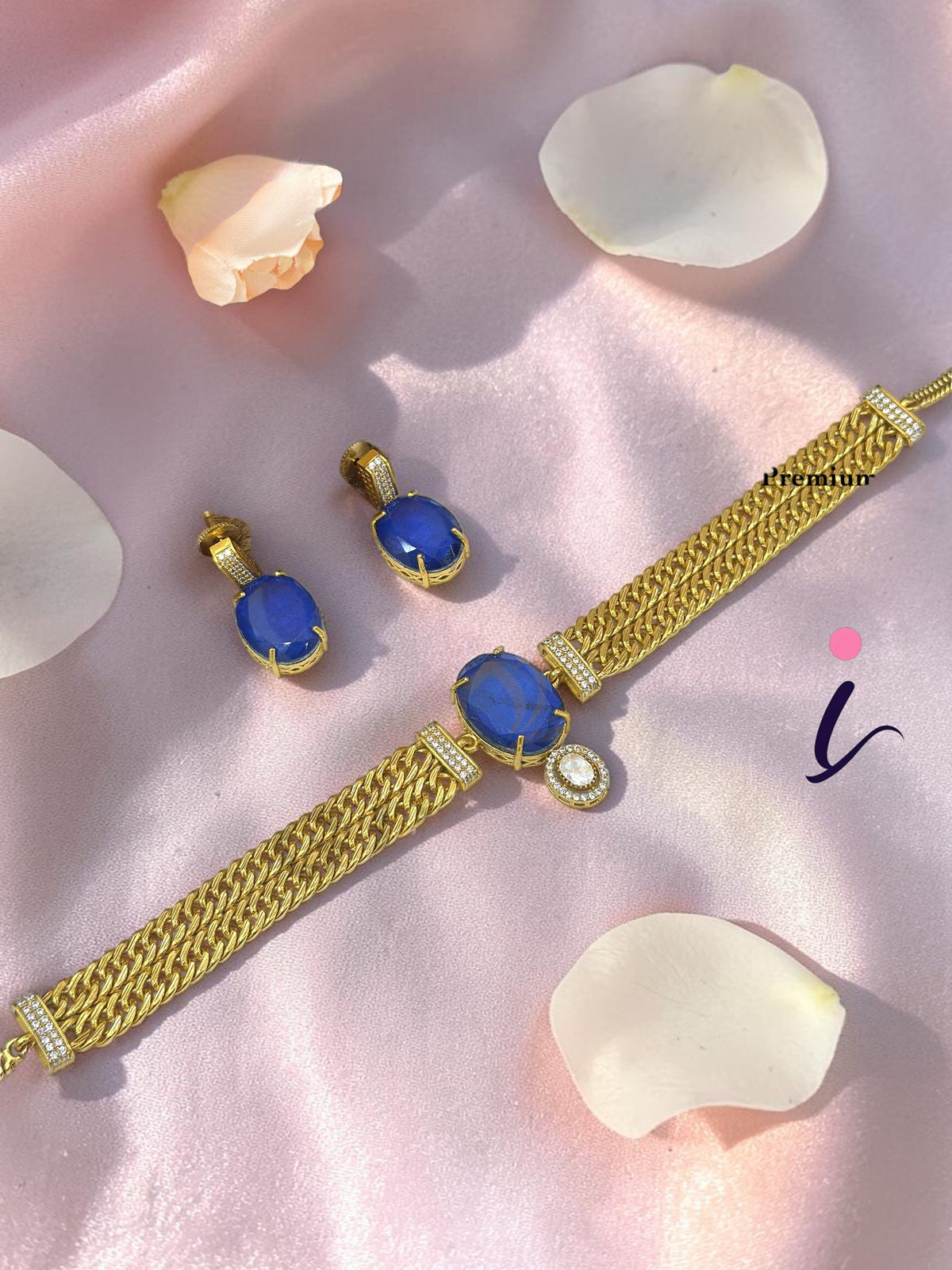 Royal Blue Stone Gold Plated Statement Necklace Set with Stud Earrings for Women | Designer Bridal Wedding & Party Wear Jewellery