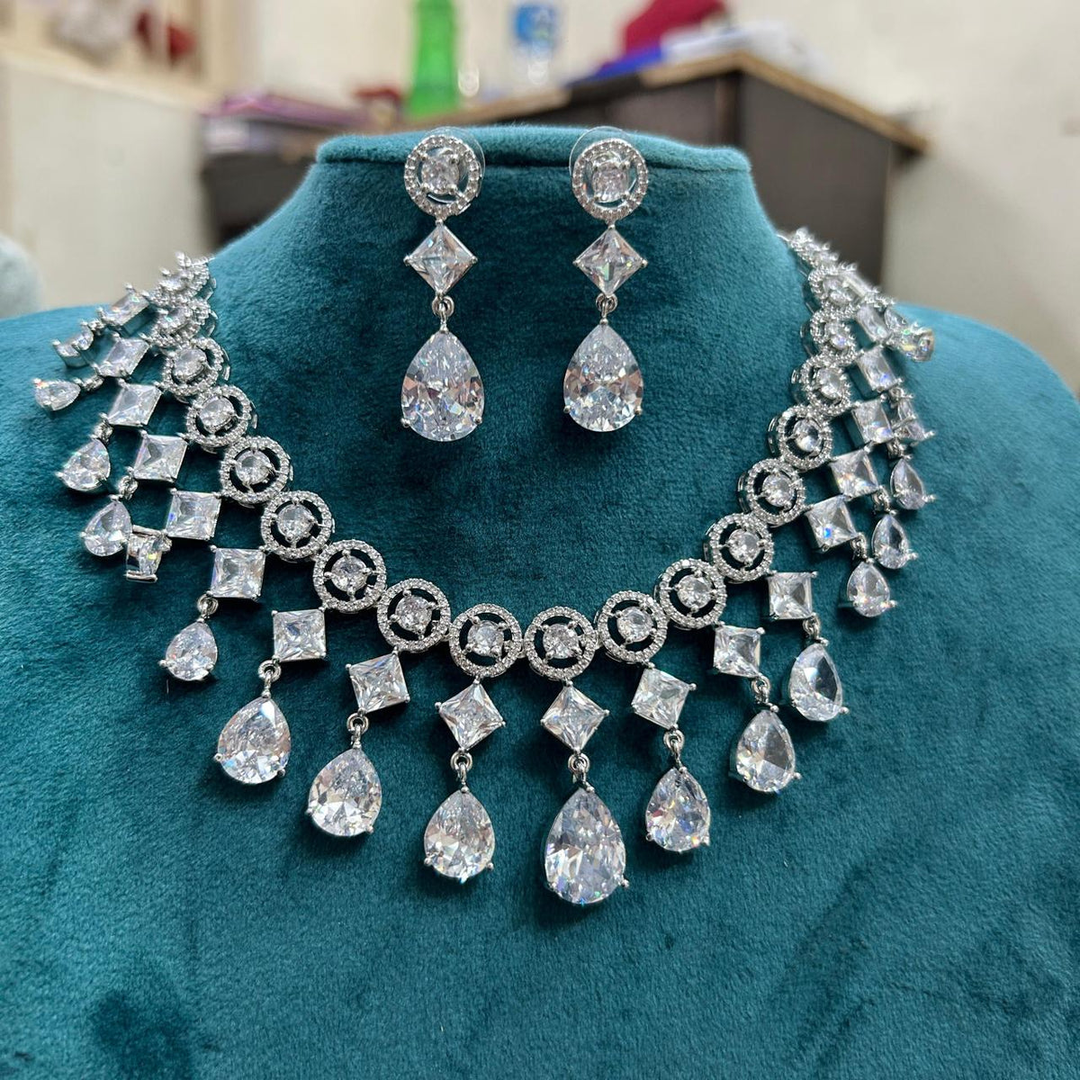 Statement Geometric CZ Choker Necklace Set with Teardrop Earrings Silver-Toned Bridal Jewelry