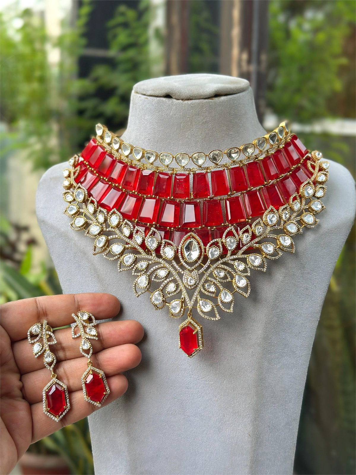 Katrina Kaif Inspired Choker Necklace Set with Kundan Polki & Pear Drop Detailing Bridal Statement Jewelry