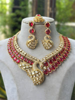 Royal Peacock Design Navy Blue Kundan Choker Necklace Set with Maang Tikka & Earrings Bridal Statement Jewelry
